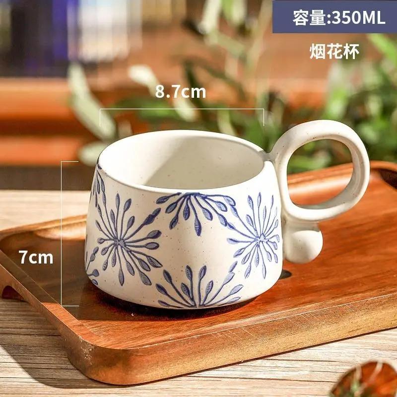 Retro Keramik Kaffeetasse Kreative Doppelhenkel Blaue Gemusterte Tasse Exquisite Nachmittagstee Blumentee Tasse Heim Frühstückstasse Neu