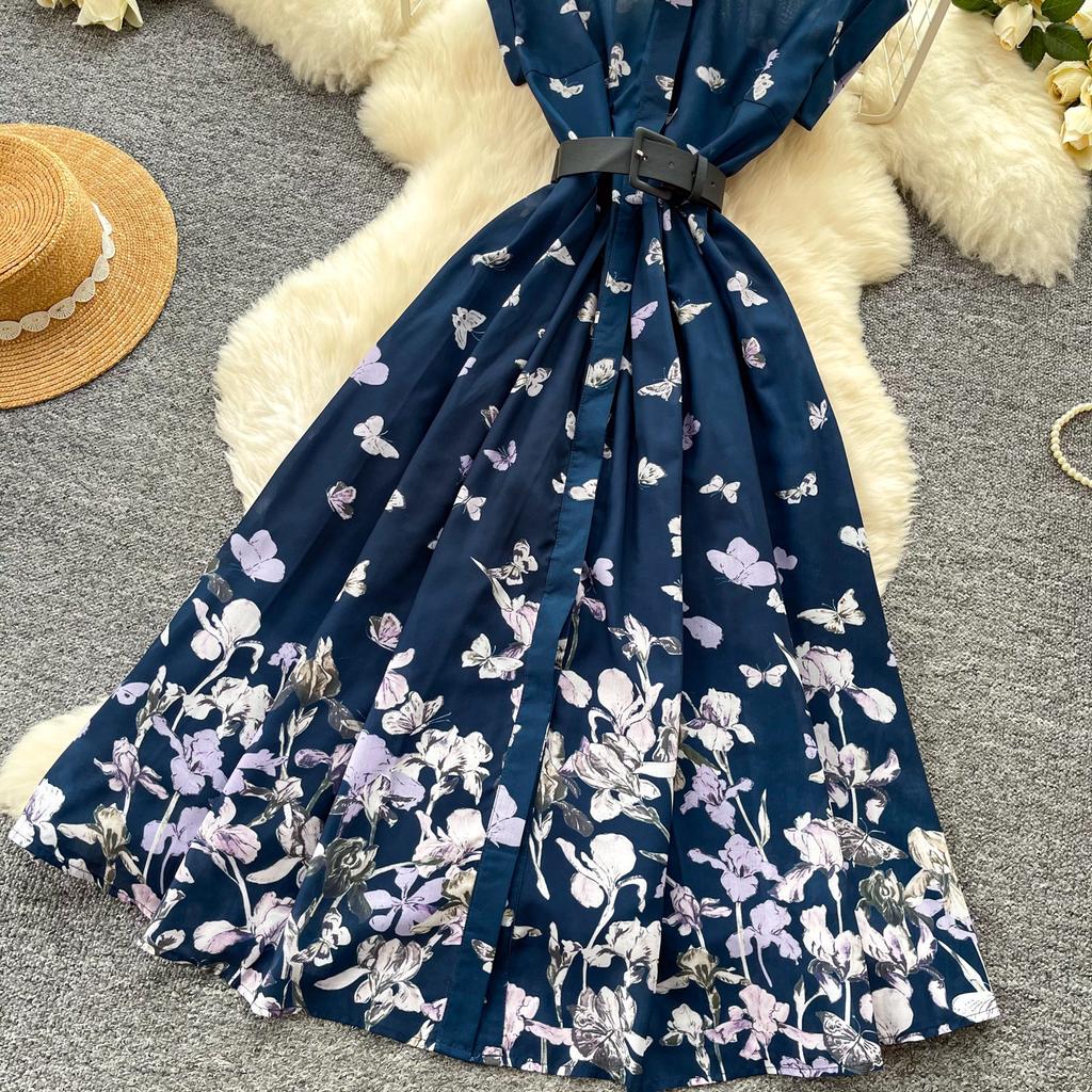 French light and mature style retro printing lapel dress women's summer sleeveless waist and thin pendulum temperament long dress