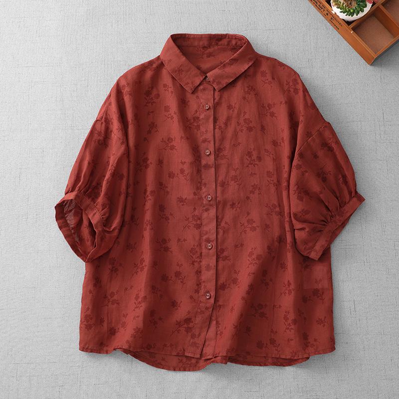 

Lightweight Translucent Cotton Linen Short Sleeve Print Shirt, Summer 2025 XL червоний