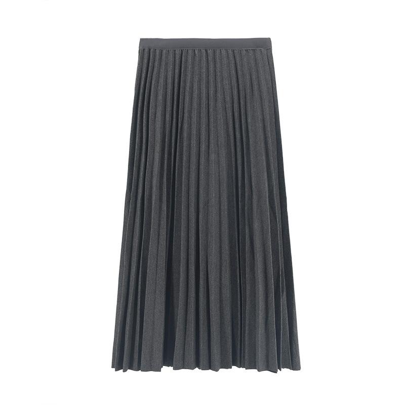 Model real autumn and winter pleated skirt medium and long skirt solid color A-shaped skirt elastic waist