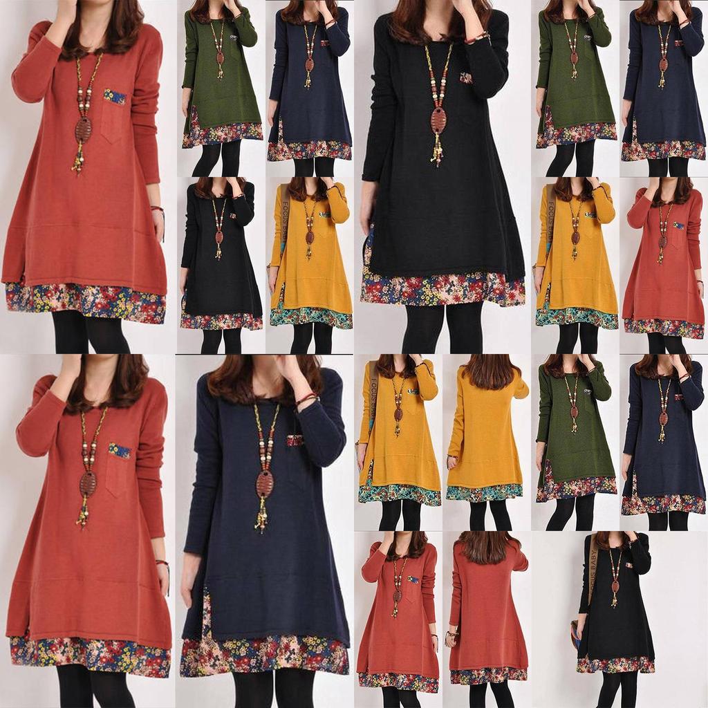 Cozy Women Fall Winter Floral Print Dress Long Sleeve Stylish Patchwork Jumper Top
