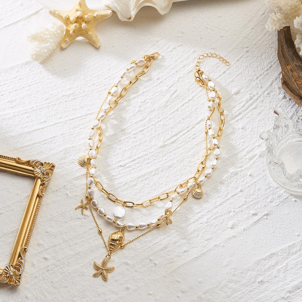 Gold Color Multilayer Starfish Shell Pendant Necklace For Women Boho Imitation Pearl Beads Choker Summer Beach Vacation Jewelry
