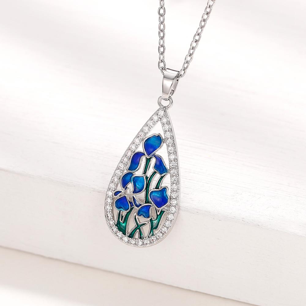 

Huitan Blue Flower Enamel Pendant Necklace for Women Copper Color Chain Fashion Water Drop Charm Wedding Anniversary New Zircon 46cm
