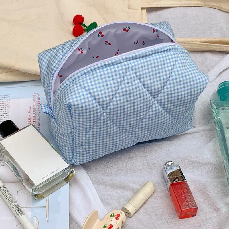 Cute Candy Color Makeup Pouch Plaid Women Large Capacity Portable Cosmetic Box Case Bags Female Storage Make Up Cases