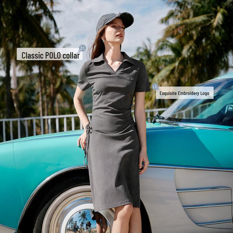 Xiangying Women's Polo Collar Ruched Waist Slim Dress