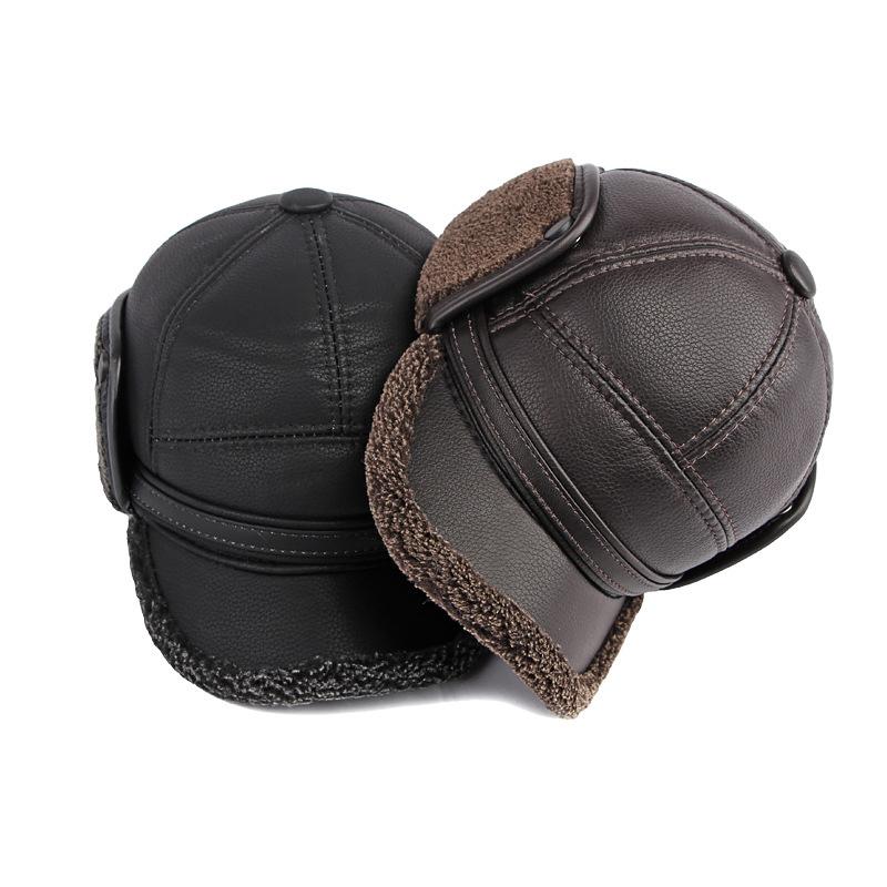 Winter Cap Men PU Leather Baseball Cap For Men With Earflaps Thicker Warm Snapback Hat Middle Elderly Aged Dad Hat Ear Cover