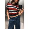 Women's Spring Clothing Preppy Style Athleisure Stripes round Neck Short Sleeve Fashion Knit Top 0014006