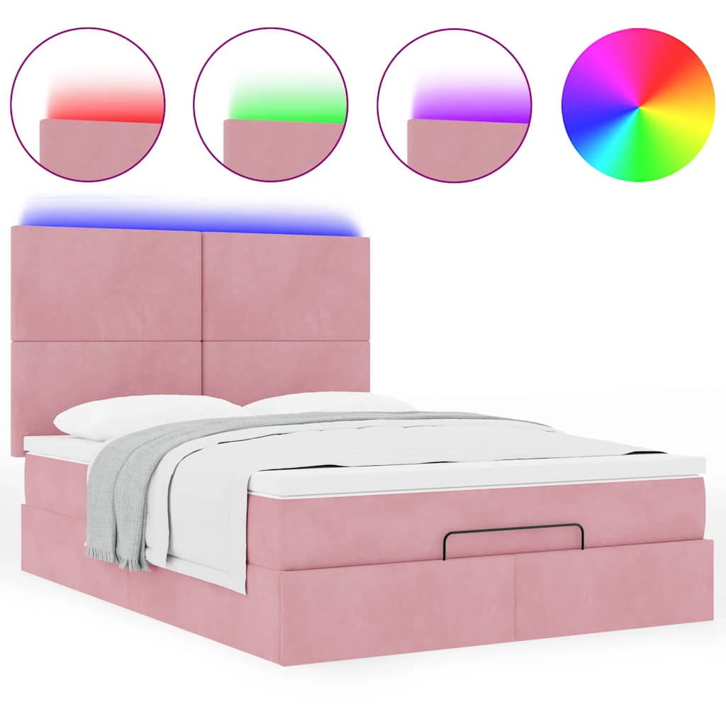 Ottoman Bed with Mattress & LEDs Pink 140x200 Cm Velvet