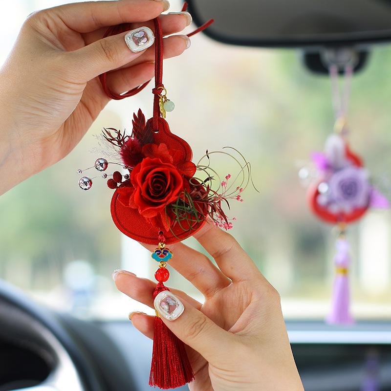 Lu Yi Handmade Eternal Flower Fortune and Prosperity Car Hanging Pendant - Chinese Style New Year Blooming Rose Gourd Decor.
