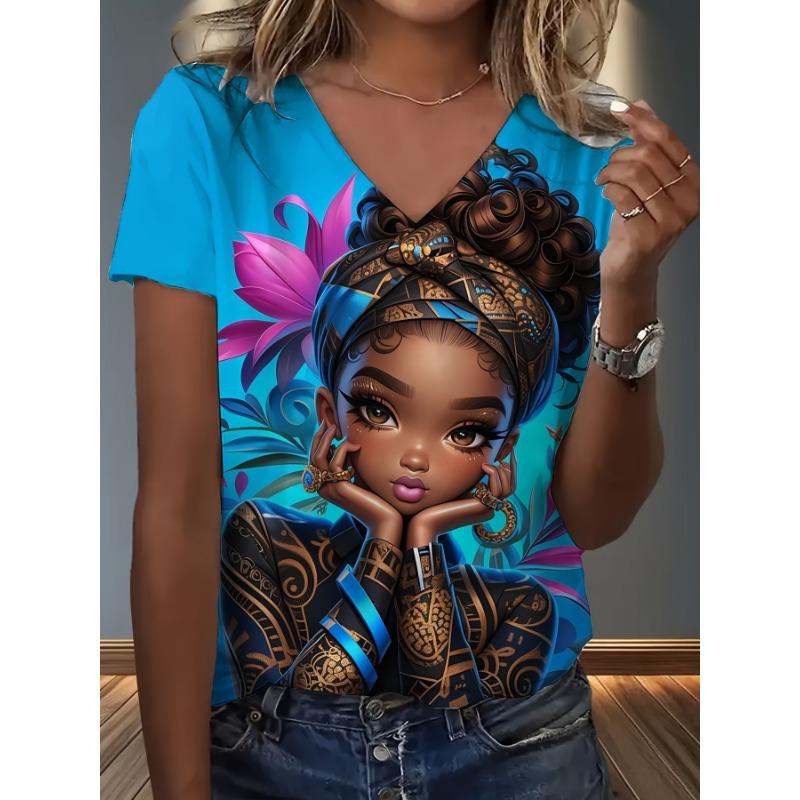 

Women V Neck T Shirt with African Princess Print And Floral Design Casual Summer Wear Machine Washable Loose Fit Top for Everyday Outfits S
