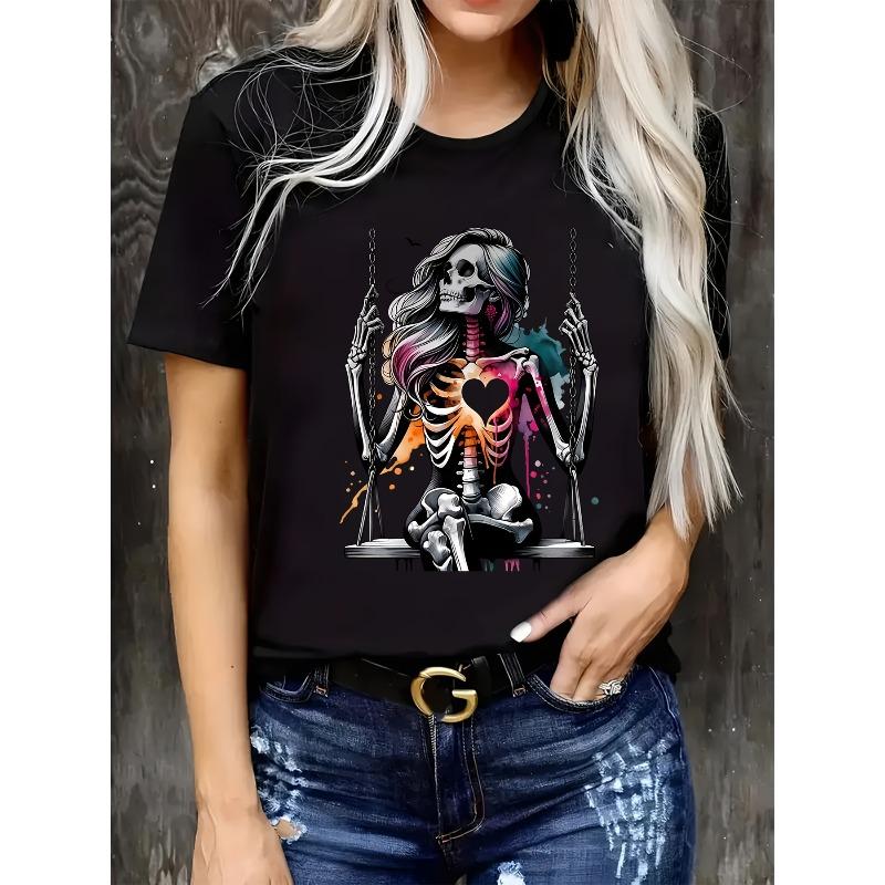 European size Women's Skeleton Heart Swing Graphic Print T-Shirt