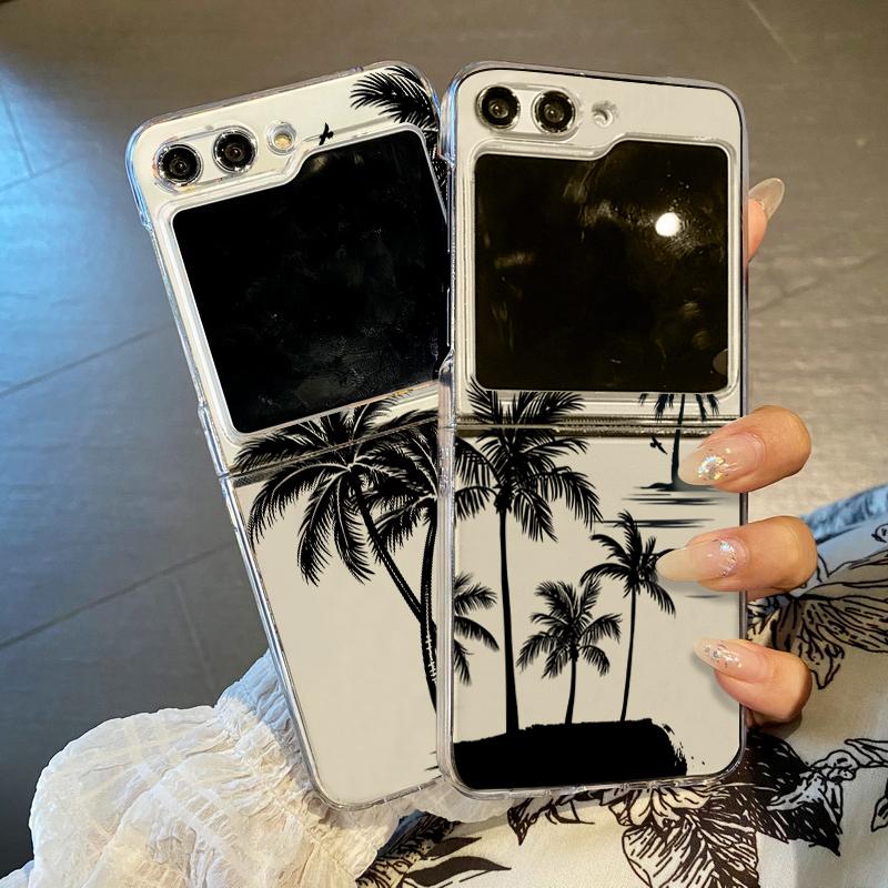 Coconut Tree Printed Clear Case For Samsung Galaxy Z Flip7 Flip6 Flip5 Hard Folding Phone Cover For Samsung Z Flip 7 6 5 4 3 5G