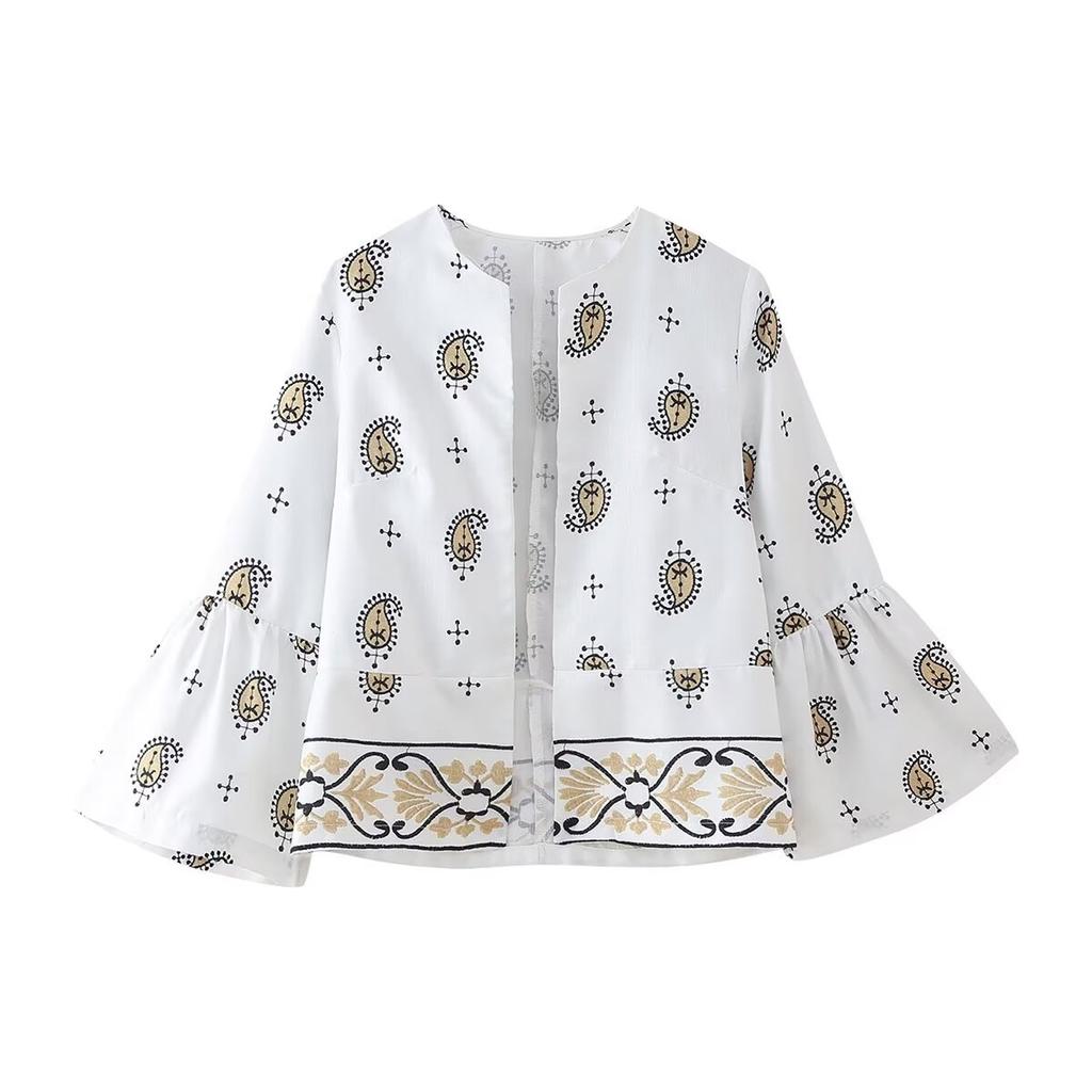 Loungewear Women Casual O Neck Long Sleeves Blazer+High Waist Straight Pants Summer Cashew Flower Embroidery Pants Set Sleepwear