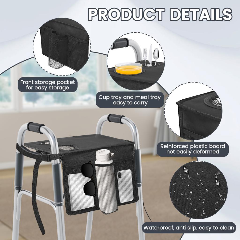 Folding Walker Tray Multi Pocket Rollator Storage Bag with Cup Holder and Nonslip Mat Practical Walker Accessories for Elderly