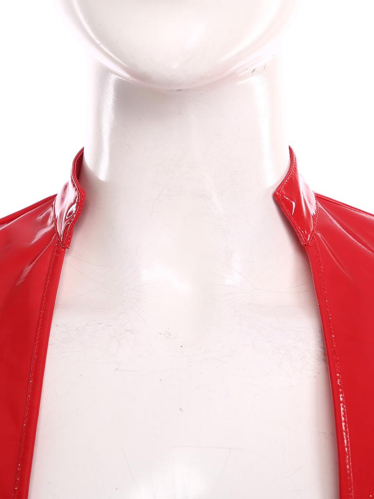 Dámský Crop Top PU s mokrým vzhledem Otevřený vpředu Nastavitelné přezky Krátký rukáv Crop Korzet Lesklý Clubwear