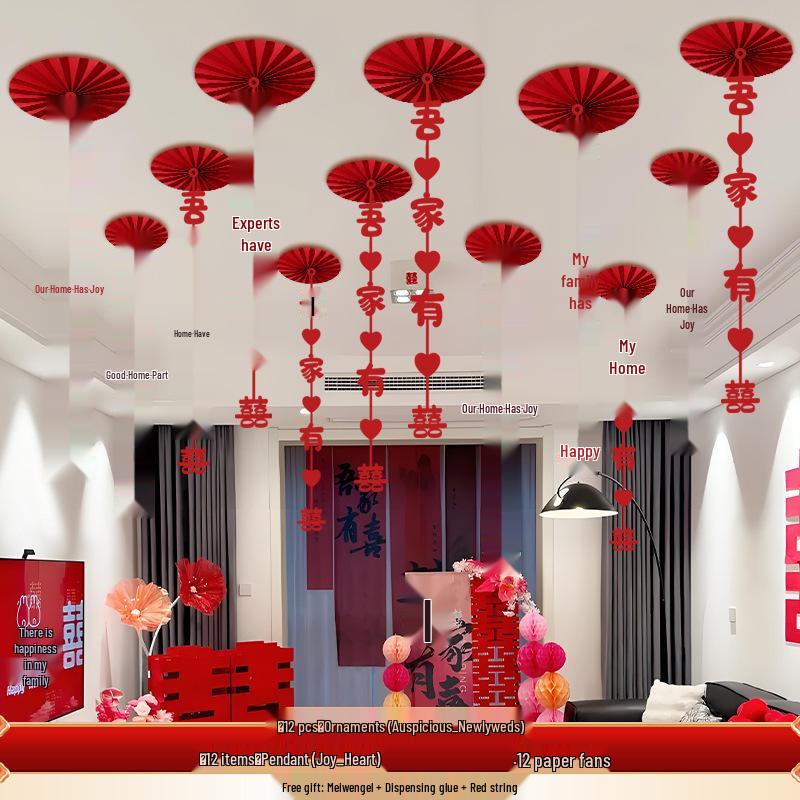 Wedding Décor: Double Happiness Paper Cut Ornaments for Ceiling and Walls, Festive Butterfly Pull Flowers for Bedrooms and Living Rooms