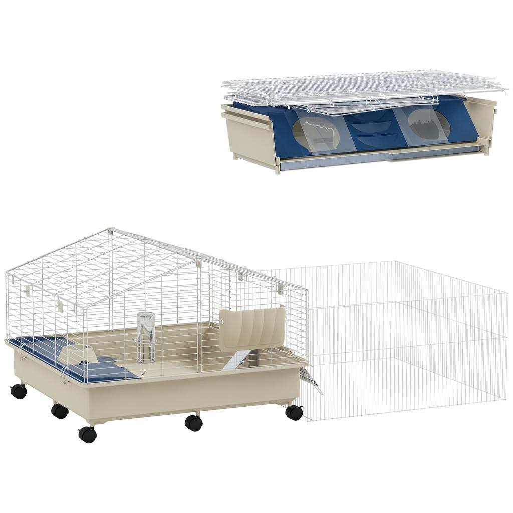 Small animal cage, balcony, ramp, feeding trough, water bottle, 2-level design, white