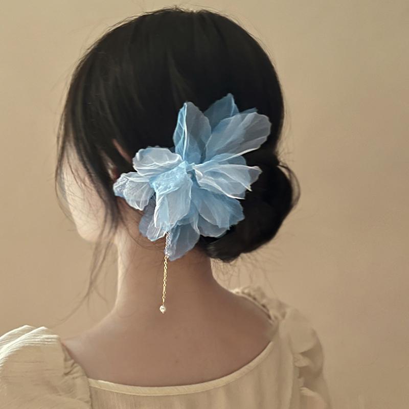Korean Antique Chiffon Flower Pearl Tassel Hair Stick U-Shaped Hair Clip Temperament Chinese Style Hairpin For Women Headwear