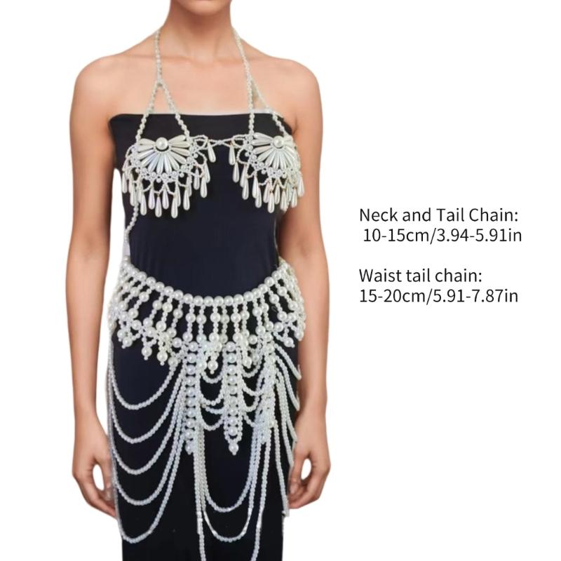 Multi Layered Beaded Tassels Bra Jewelry Set with Alloy Pearls Trendy Body Chain For Rave Beach Party Accessories