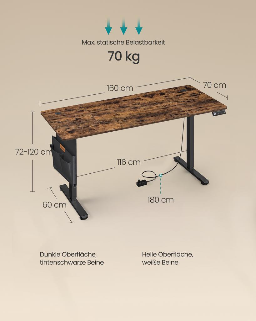 SONGMICS LSD136K01 Height-Adjustable Electric Desk, 70 x 160 x 72–120 cm, Memory Function with 4 Heights, for Home Office, Study, Vintage Brown