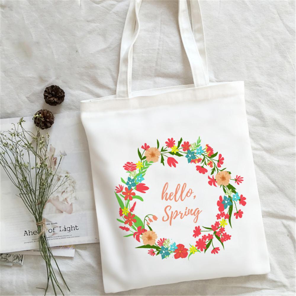 Dobrý den Jarní Květiny Potisk Nákupní Taška Ženy Plátěná Taška přes Rameno Ulzzang Eko Velkokapacitní Dámská Nákupní Taška Kabelka