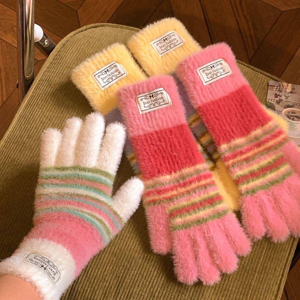 Korean Style Colorful Striped Gloves Rainbow Color Full Fingers Mittens Winter