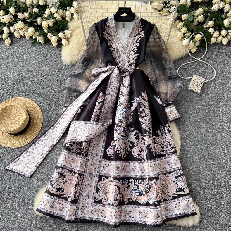 Spring France Elegant Vintage Palace Evening Dress Women Print Sashes Mesh Long Party Dress Female Casual Holiday Clothing New
