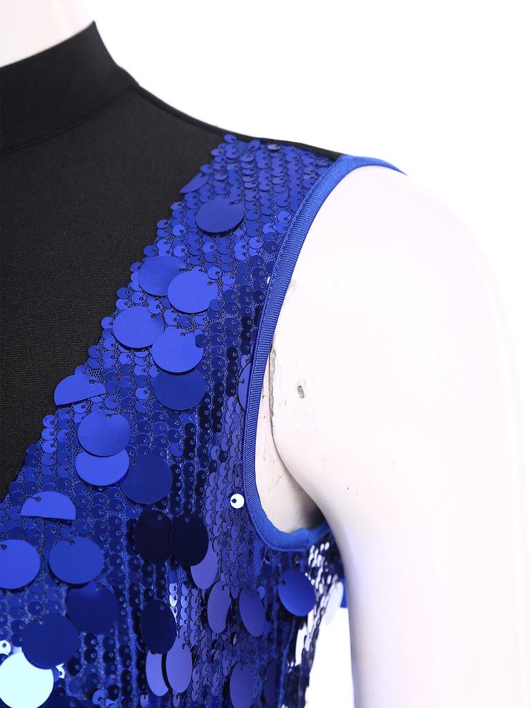 Women's Shiny Sequin Leotard for Gymnastics Dance Competition, Sheer Mesh Cutout Back & Waist, Mock Neck Bodysuit with Gloves, Color Block Sparkling