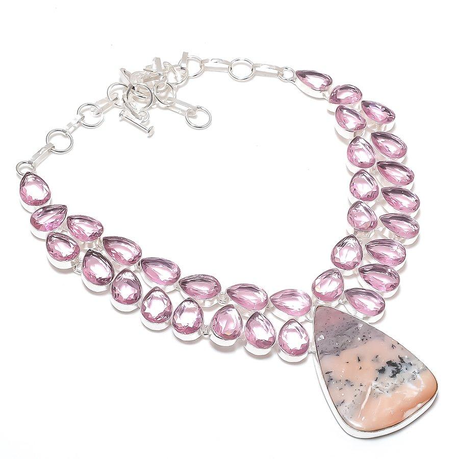 Natural Pink Opal, Kunzite 925 Sterling Silver Jewelry Necklace 18" S6T11