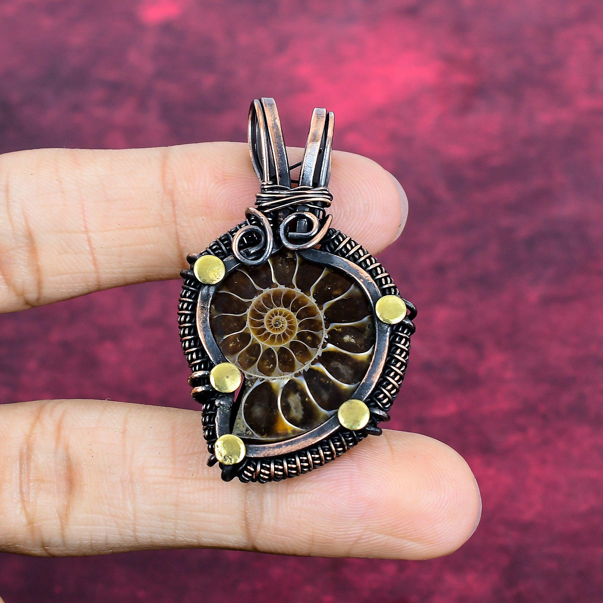 

Ammonite Fossil Pendant Handmade Copper Wire Wrapped Jewelry Gemstone Pendant