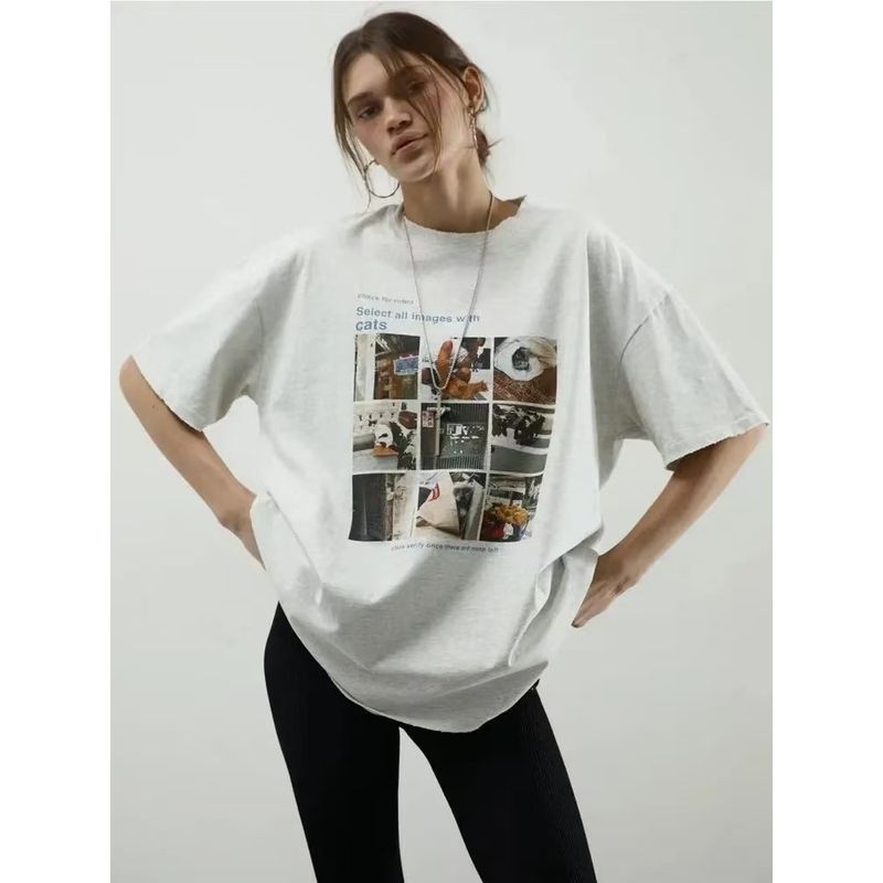 

Мода в западном стиле Свободный топ-футболка из хлопка с коротким рукавом и принтом, свободная футболка с принтом White S