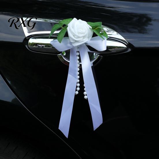 Fairy Tale Wedding Car Decor Artificial White Rose Decoration, Door Handle & Rearview Mirror Flower Bouquet All Weather Set with Satin Ribbon Bow And