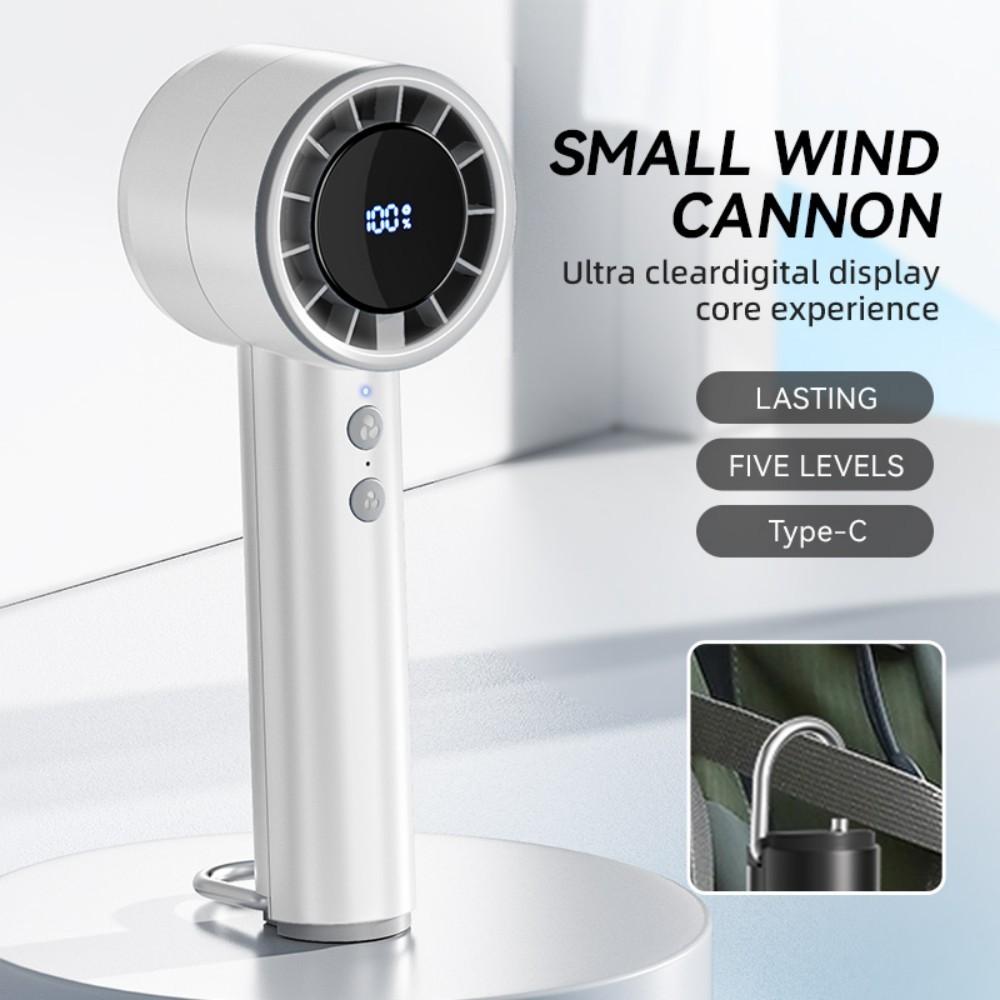 USB Rechargeable High-speed Fan Handheld Mini Turbo Fan with Hook and LED Digital Display 5-speeds Wind Adjustable Portable Fan