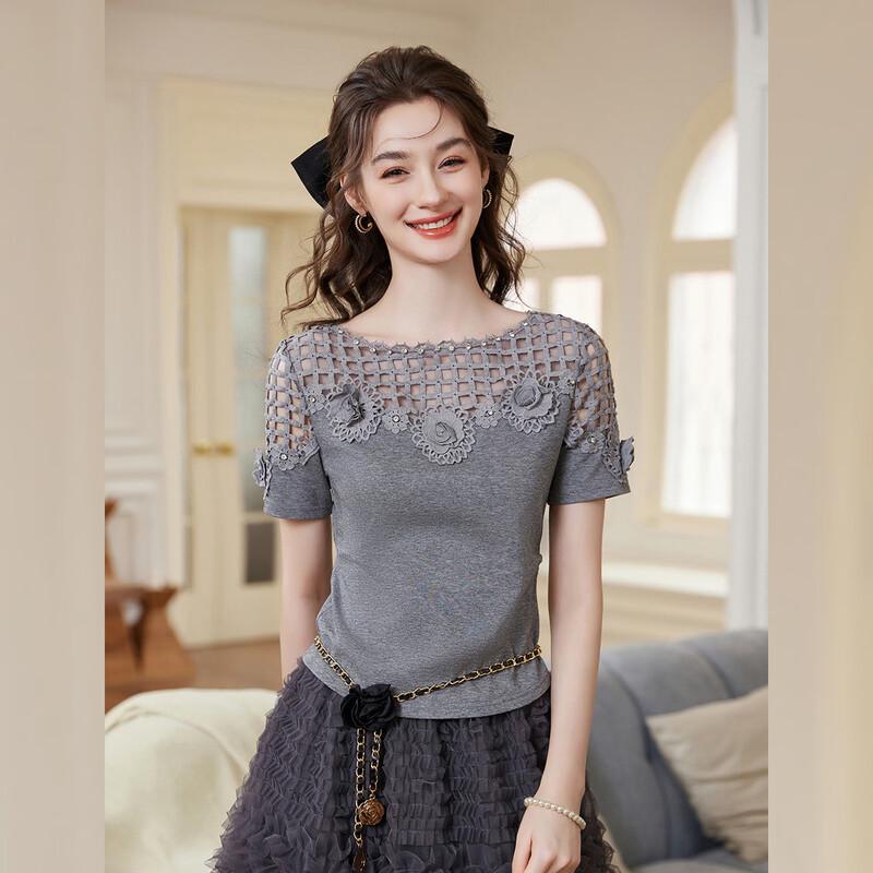 French Elegant Floral Hollow Out Slim T-Shirt L