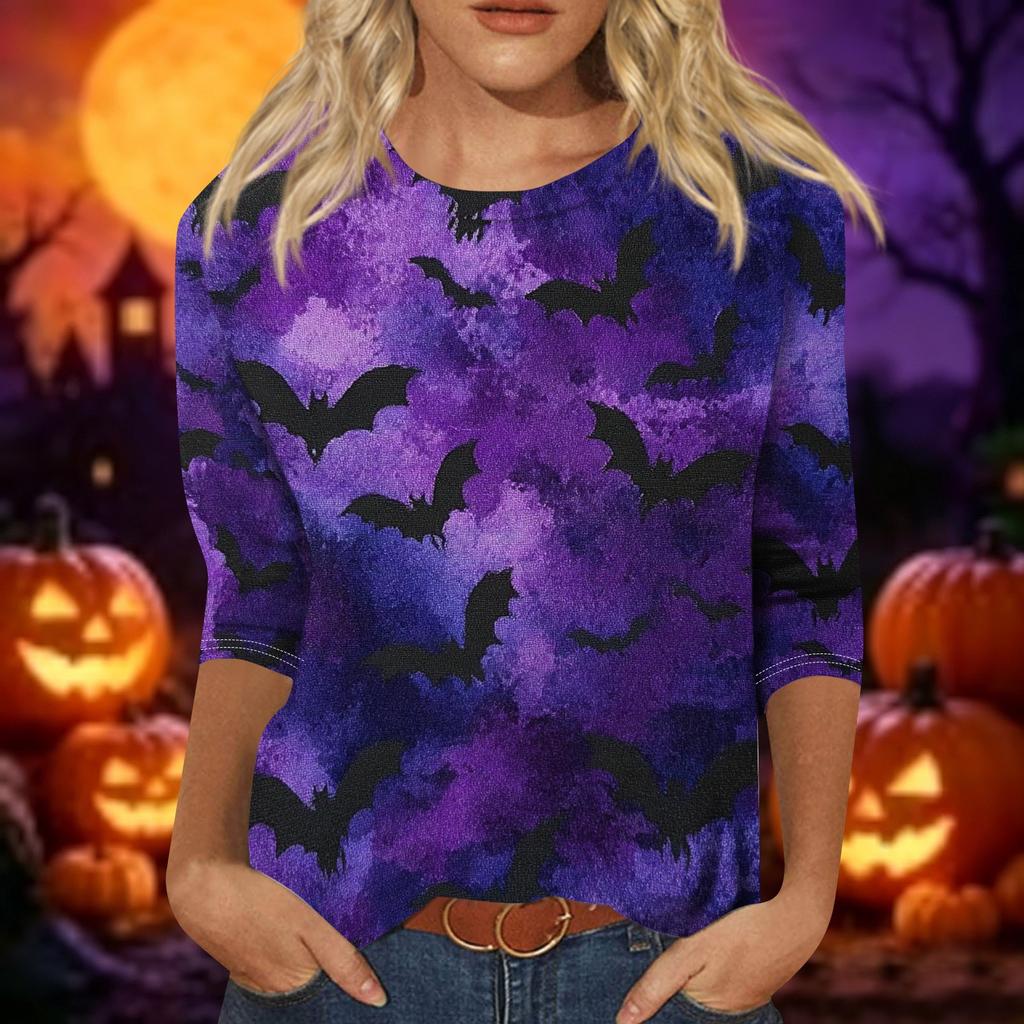 Women's Casual 3/4 Sleeve Crew Neck Top Halloween Themed Print Lightweight Pullover Blouse for Everyday Wear