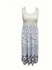 Women's Boho Style Dress, Women's Dress with Color Block Floral Print Crew Neck Smock Vest Dress