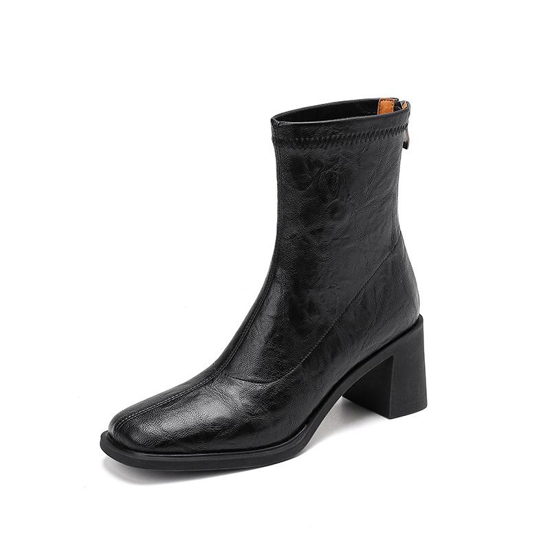 Spot~ Cowhide Version Short Boots Commuter High Heel Elastic Thin Boots Autumn and Winter Velvet Retro Thick Heel Boots Silent Outsole
