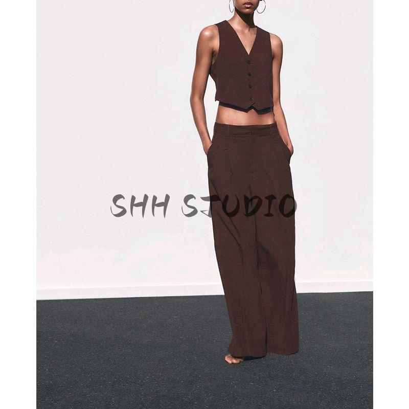 Back Opening Design V Neck Vest Jacket 4749766 High Waist Wide Leg Leisure Pleated Pants 1255435