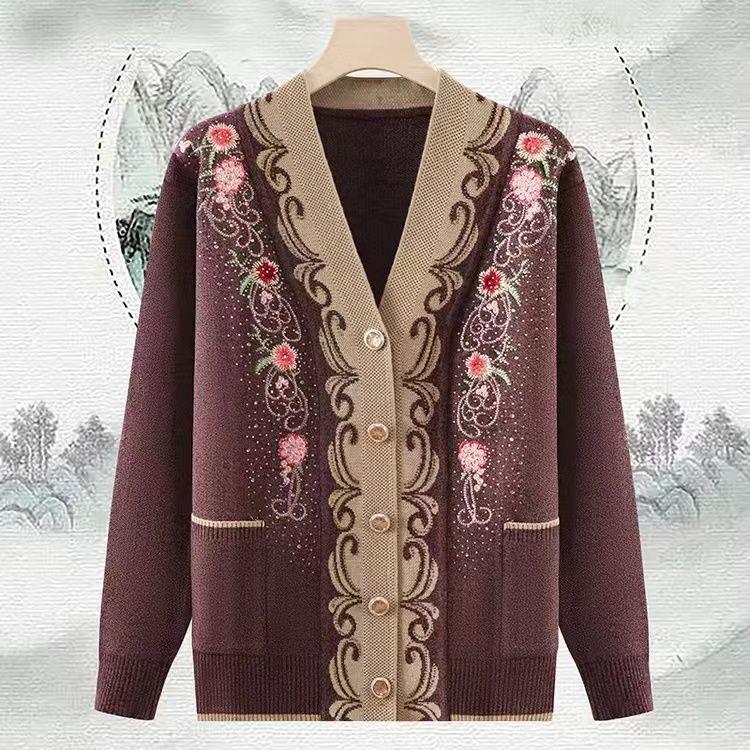 Ethnic Style Women's Thick Cardigan  Autumn Winter Embroidered Rhinestone V-Neck Knit Cardigan