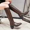 Comemore Black Thick Heels Knee High Boots for Women Autumn Winter Pu Leather Long Boots Woman Slip On Pointed Toe Botas Mujer