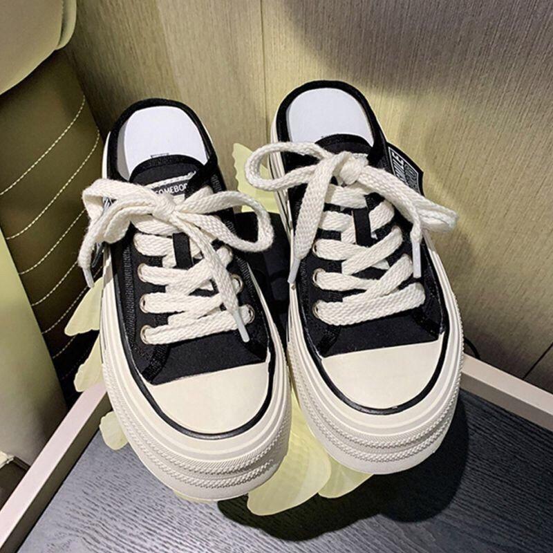 

2025 summer new thick-soled heightening slippers trend versatile lazy one pedal half drag fashion casual canvas shoes women 40 чёрный