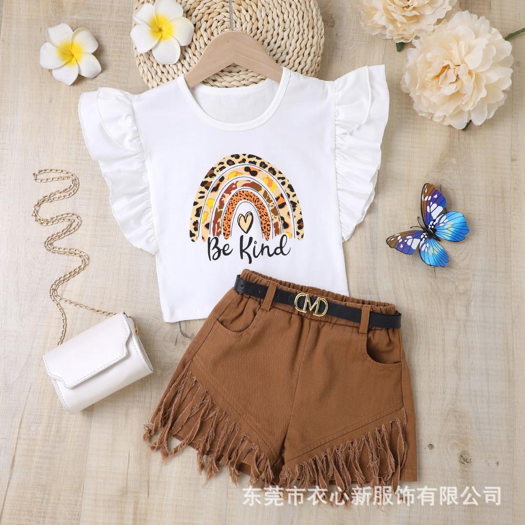 Zestaw modowy dla dziewczynek 2025 lato dziecięcy casualowy jednolity kolor falbanki okrągły dekolt nadruk krótkie spodenki pasek trzyczęściowy zestaw