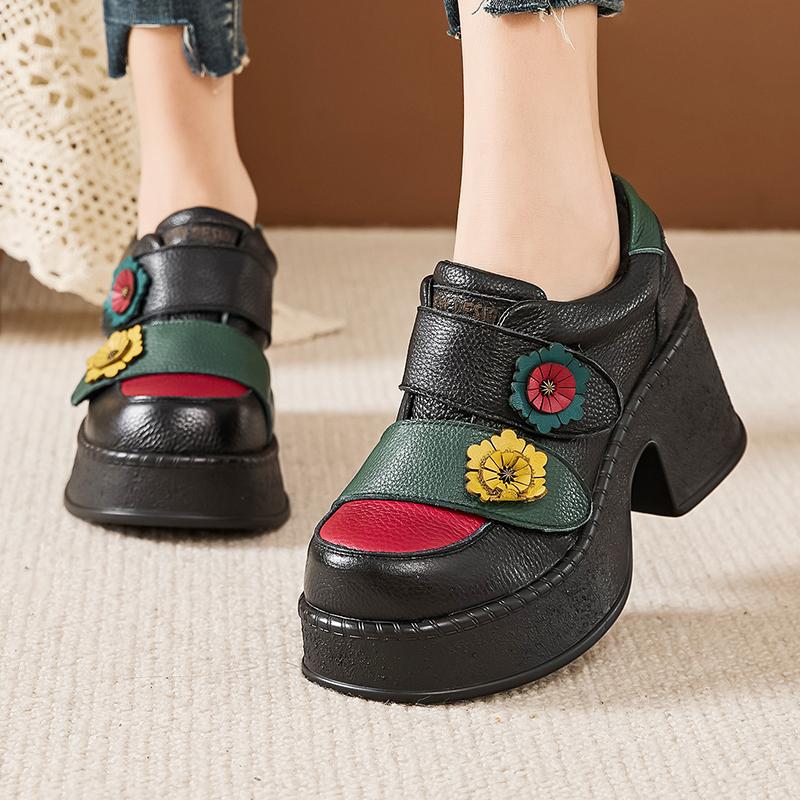 Fashion GKTINOO Handmade Retro Style Women Platform Shoes Spring Summer Genuine Leather Wedges Heel Pumps Casual Shoes