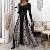Yiyi European & American Leopard Print Color Block A-line Long Dress (2025 New, Elegant Temperament, Long Sleeve)