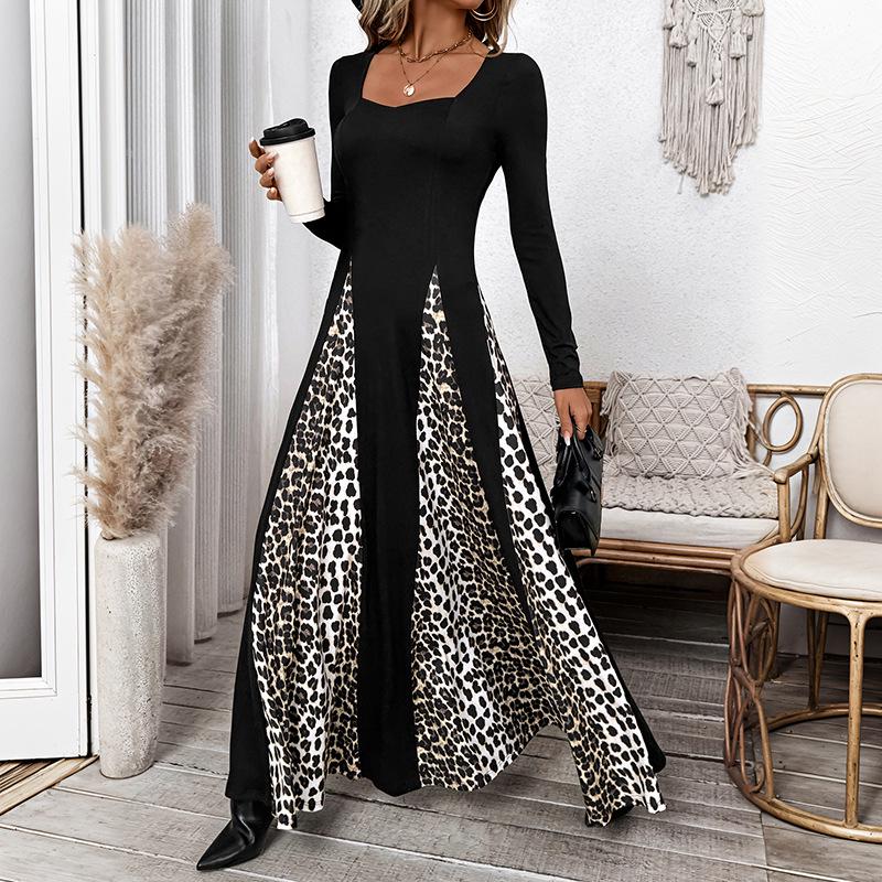 Yiyi European & American Leopard Print Color Block A-line Long Dress (2025 New, Elegant Temperament, Long Sleeve)