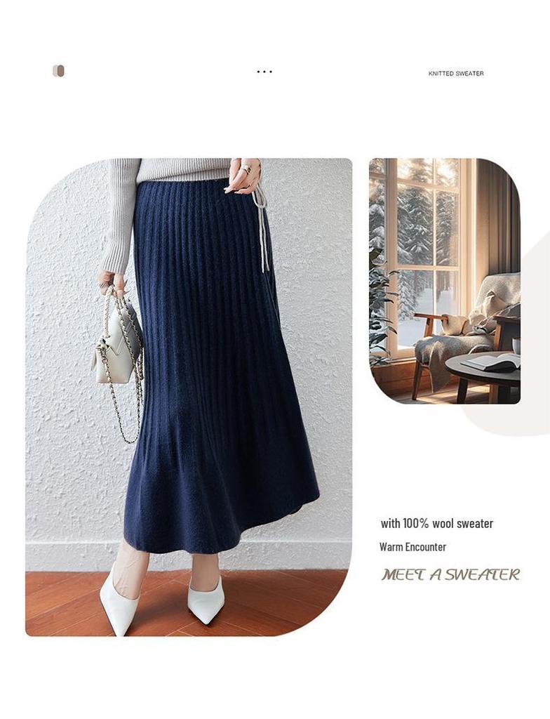 Women's Pure Wool Midi Skirt – Slim Fit, Pleated A-Line, Waist-Cinching for Autumn and Winter