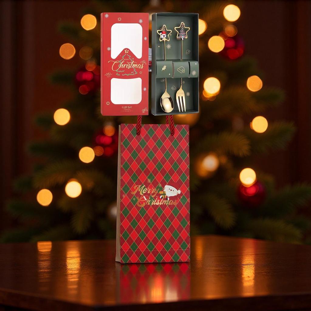 Christmas Cartoon Cutlery Set: Forks, Spoons, and Gift Box Featuring Cute Reindeer and Tree Designs.