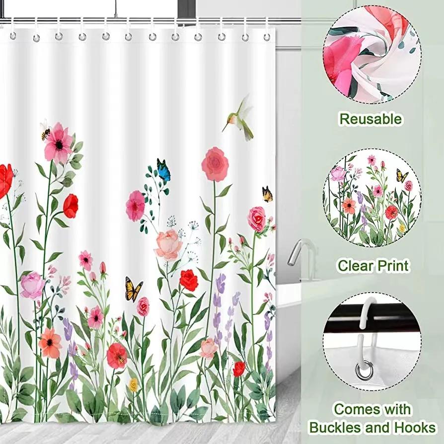 Floral Shower Curtain Waterproof Fabric Flower Plant Shower Curtains For Bathroom Decor Set Home Hotels Machine Washable Spring