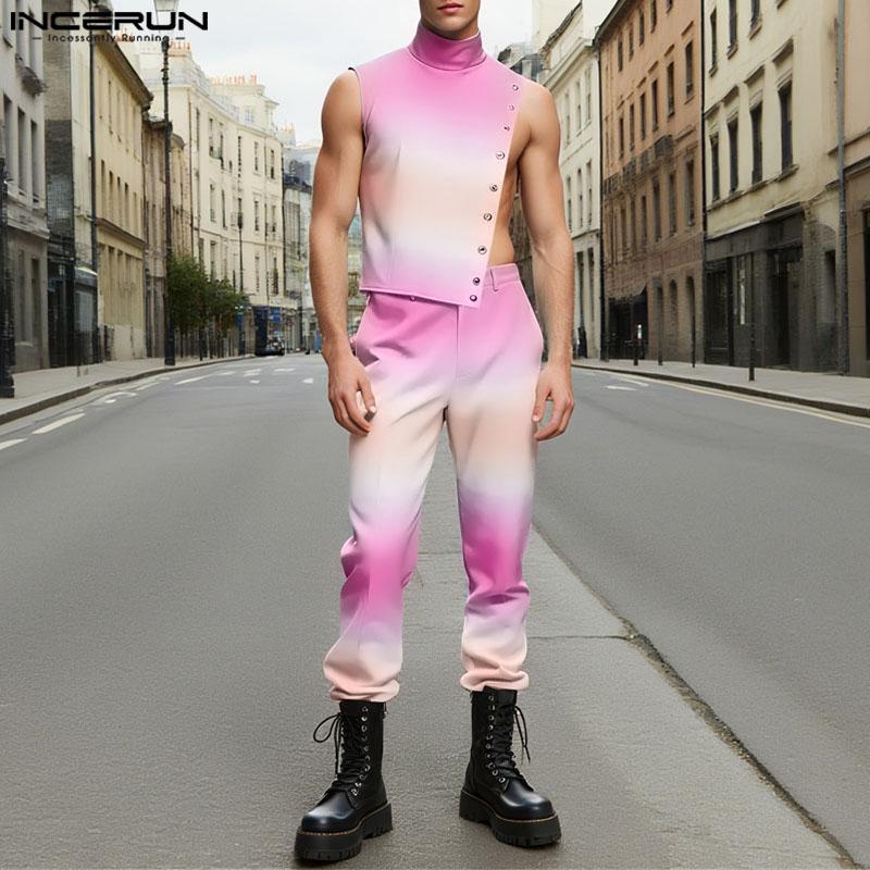 INCERUN 2PCS Men Sleeveless One Shoulder Gradient Tank Tops and Long Harem Pants Outfits Sets