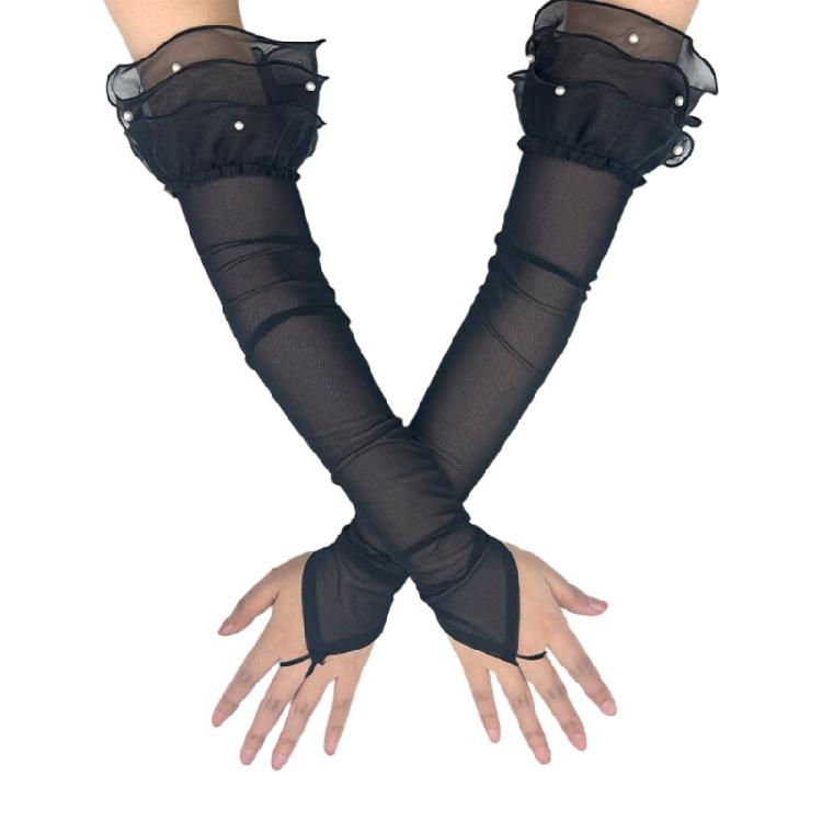 Antique 1920s Theme Party Long Fingerless Gloves with Bead Decors Sheer Gloves for Weddings Flapper Costume Accessory